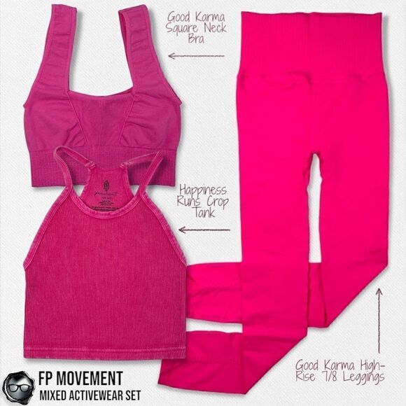 FP MOVEMENT SET: GOOD KARMA SQUARE NECK BRA + LEGGINGS + HR TANK NEON PINKS XS/S - Picture 2 of 16